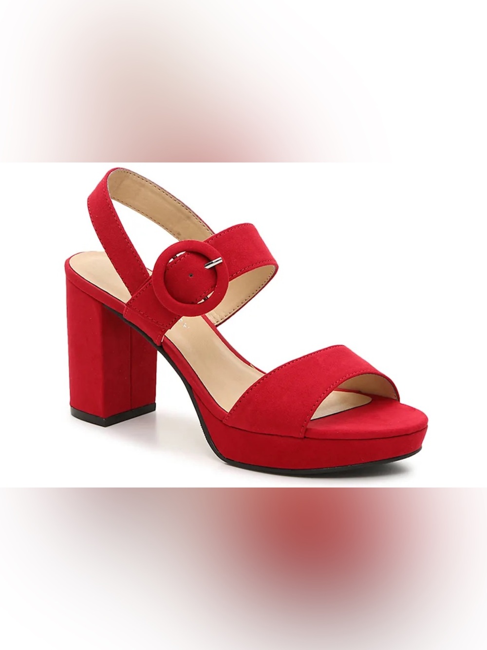 CL by Laundry Red Suede Block Heel Sandals with Round Buckle